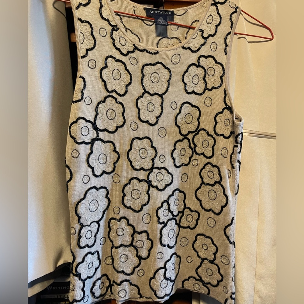 Ann Taylor Black and Cream Floral Tank Top
